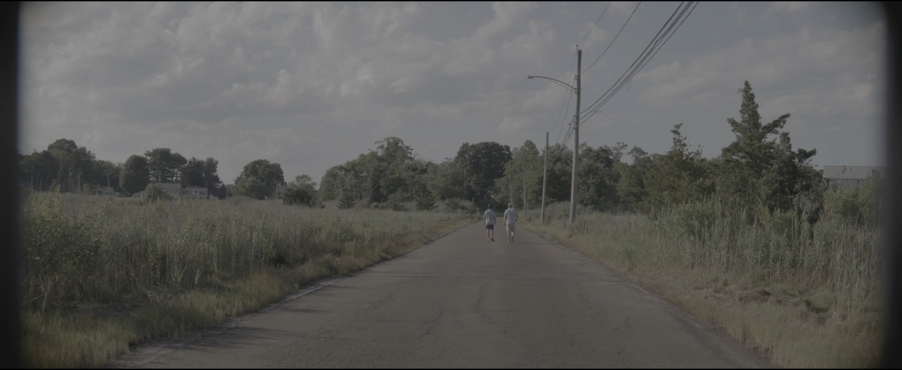 Two figures walking through a field